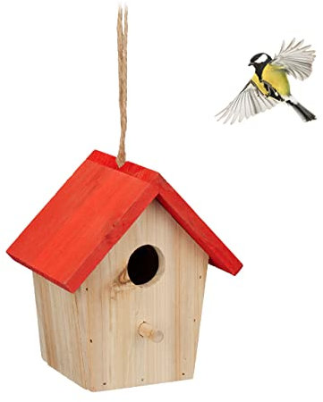 Relaxdays Casetta per Uccelli Decorativa, da Appendere in Giardino, Balcone, HLP: 16x15x11 cm, in Legno, Naturale Rossa