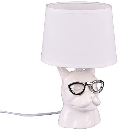 etc-shop Tischlampe Keramik Nachttischlampe für Schlafzimmer Esszimmerlampe Tischleuchte Modern, Hund mit Brille chrom weiß, Textil, 1x E14 Fassung, DxH 18x29 cm