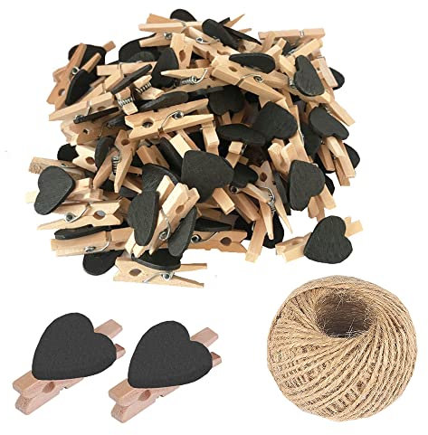 100 mollette da bucato a forma di cuore in legno nero, piccole mollette multicolore con cuore