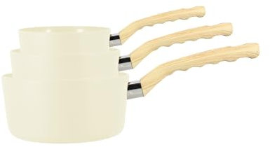 MENASTYL - Set de 3 casseroles Colorama crème - Casserole 16/18 et 20 cm - En aluminium - Revêtement antiadhésif en céramique - Tous feux dont induction
