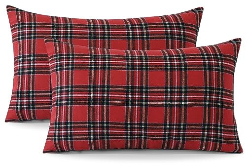 Ohok Dekorativ Vintage Kissenbezug, Polyester Leinen Plaid Zierkissenbezüge, Deko Sofakissen Couchkissen Kissenhülle Set für Schlafzimmer Wohnzimmer Sofa Couch Auto (30x50 cm, 2 Stück Weihnachten)
