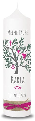 VILLA ROSA LOTTA - Personalisierbare Taufkerze Klara mit Wunschdaten und Rückseite I Lebensbaum Motiv I 25 cm x 7 cm I Taufkerzen für Jungen und Mädchen I Farbe elfenbein weiß