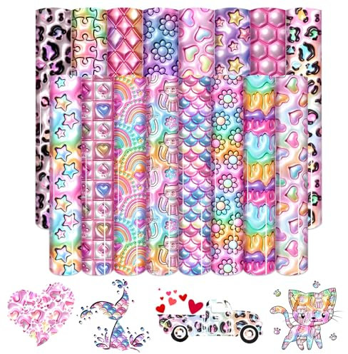 HTVSTD 3D inflated Pastel Patterned HTV Vinyl - 16 Sheets 12x10 Rainbow Heat Transfer Vinyl Heart/Stars/Mermaid/Cats Iron on Vinyl for T-Shirts HTV
