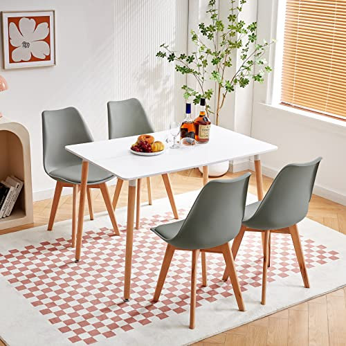 LafeuR Juego de comedor con 4 sillas, juego de mesa de cocina rectangular para 4 personas, para salón, cocina, oficina (mesa blanca+4 sillas de comedor gris)