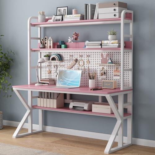 Computertisch mit Ablagefächern und Stecktafel, Massivholz-Schreibtisch, großer Arbeitstisch, modernes Heimbüro (88,9 cm B x 175,9 cm H x 59,9 cm T, Rosa und Weiß)