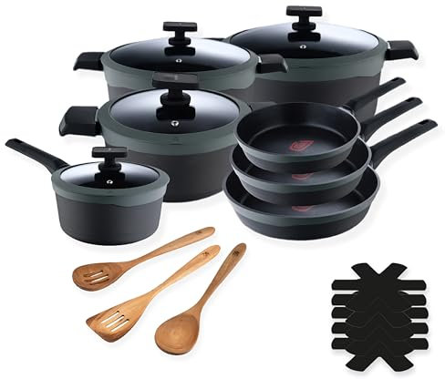 MasterPRO Gastro Reeco | Batería de Cocina en Aluminio Fundido | 3 sartenes de 28, 24 y 20 cm | 4 Cacerolas con Tapa | Utensilios d Madera | 5 Protectores | Juego Completo, Resistente y Versatil