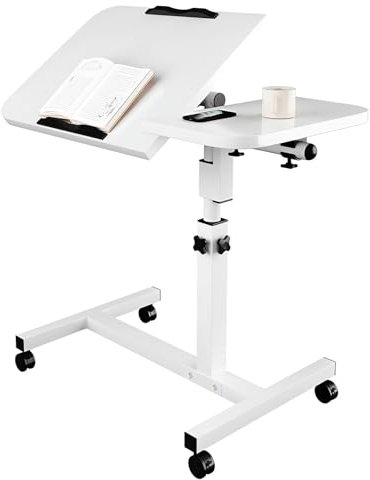 WRMING Beistelltisch mit Rollen, Laptoptisch Höhenverstellbar für Couch, C Form Beistelltisch Bett Klappbar 90° / Drehbar 360° aus Holz & Metall, Super Robust, Stabil, Weiß Sofatisch