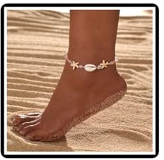 Faruodis Perle Muschel Fußkettchen Armband Seestern Engel Flügel Muschel Fußkettchen Hawaii Puka Perlen Stern Strand Fuß Kette Verstellbarer Schmuck für Frauen Damen (Stil D)