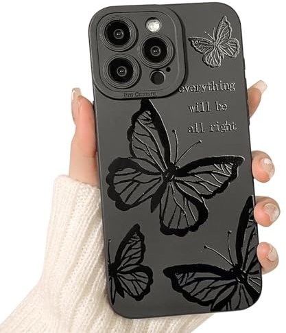 NITITOP Compatible for iPhone 15 Pro Max Case Cute Cool Butterfly Black Design for Girls Women Soft TPU Shockproof Protective Girly for iPhone 15 Pro Max - Big Butterfly