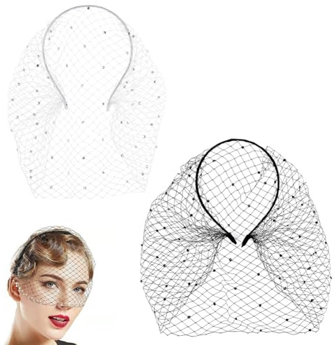 AHANDMAKER 2 Stück Flapper Schleier Stirnband Schwarz Weiß Vogelkäfig Schleier Stirnband Hochzeit Vintage Netz Einlagiger Schleier Netz Gesichtsschleier Kopfbedeckung Für Die Braut Teeparty