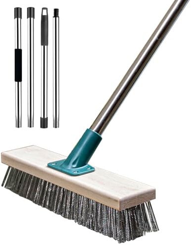 BSMtone Brosse métallique en acier inoxydable avec long manche pour nettoyer les sols en extérieur pour mousse, taches difficiles sur béton, joints, jardin, garage, terrasse, piscine