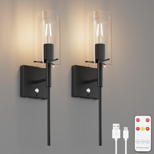 K-Bright 2PCS 6000mAh Lámpara de Pared de la Batería con Pantalla de Cristal, Regulable, Aplique de Pared Interior Sin Cable con Mando a Distancia, para Dormitorio, Cuarto de Salón (Negro)