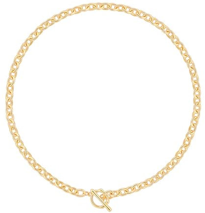 Aobei Pearl 18K Gold Chunky Cable Chain Choker Necklace Open Oval Link Chian Toggle Necklace for Women Minimalist Layering Jewelry 17”