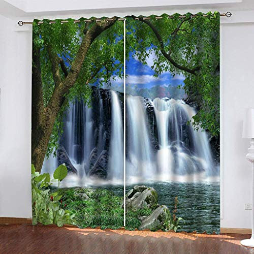 Verdunkelungsvorhänge, 3D-Wasserfall, Naturlandschaft, wärmeisoliert, geräuschreduzierend, Verdunkelungsvorhänge mit Ösen, für Schlafzimmer und Wohnzimmer, superweich, 210 cm lang, Kinderzimmer-Dekor,