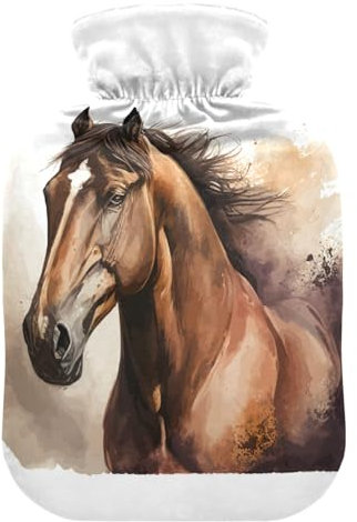 Hot Water Bottle with Cover, Horse Painting 1L Leakproof Hot Water Bag for Hand Feet Warmer, Neck, Shoulder, Back, Muscle Pain Relief, Cold Compress
