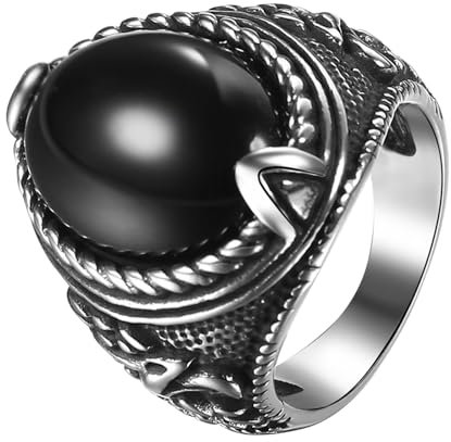 JewelryWe Obsidian Ring Herren Siegelring: Vintage Edelstahl Herren-Ring mit Schwarz Ovalem Obsidian Punk Adler Fingerring Bandring Daumen Band Marine Schmuck Geschenk für Männer Vater Silber Größe 62