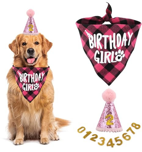 Hund Geburtstag Hut, 3 Stücke Hunde Geburtstags Bandana Mütze mit 9 Bling Nummern, Hund Geburtstag Bandana Set, Hundegeburtstagskrawatte, für kleine mittlere Hunde (Rosa)