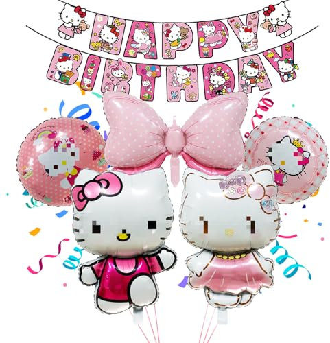 6 Stücke Kity Geburtstags Deko Folienballon, Kindergeburtstag Dekoration Luftballons Set, Cartoon Luftballon Geburtstag Kinder mit Happy Birthday Banner, Geburtstags Party Dekorationen für Kinder