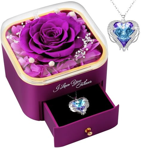 Rosa Stabilizzata Eterna, Vera Rosa Eterna con Collana Regali per Lei, Festa Della Mamma Idee Regalo, Ti Amo per Sempre Regalo, Idee Regalo Donna, Regalo Anniversario Matrimonio (Viola)