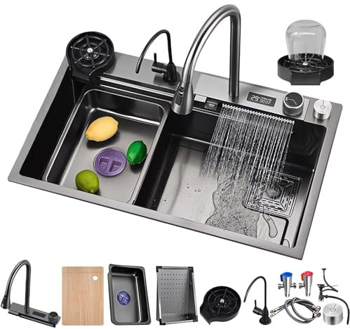 Fregadero de cocina multifuncional negro gris 80X50, fregadero inteligente moderno de acero inoxidable, fregadero de cocina de 1 seno, adecuado para cocina, restaurante (Gris oscuro-A, 85X45CM)