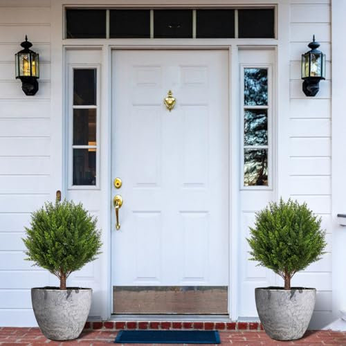 JOYWU Artificial Cedar Topiary Ball Trees for Outdoors, 47cm UV Resistant Lifelike Faux Cypress Plants with Ground Spike, Large Fake Evergreen Shrubs Bushes for Porch Front Garden Home Decor (2 Pcs)