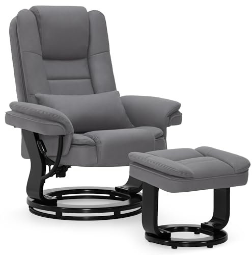 M MCombo Relaxsessel mit Liegefunktion, Lesesessel, 360° Drehbarer Fernsehsessel, mit Hocker, mit Kissen & Seitentasche, bis 120 Kg Belastbarer TV-Sessel für Wohnzimmer, 9099 (Mikrofaser, Grau)