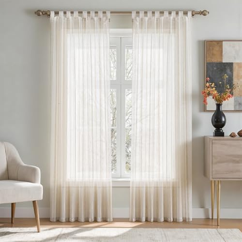 TOPICK Gardinen mit Schlaufen Vorhänge modern 2er Set H225xB140 Beige | Schlaufengardinen Vorhänge Wohnzimmer Gardinen Landhausstil Schlafzimmer Schlaufenschal transparent Vorhang Leinenoptik