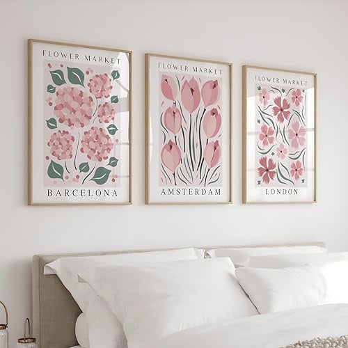 Generisch 3er Poster Set Blumen Poster, Vintage Rosa Blumen Bilder Poster & Kunstdrucke, Schlafzimmer Teenager Mädchen Deko Wandcollagen, Rosa Aesthetic Bilder Poster Blumen (30 X 40 CM)