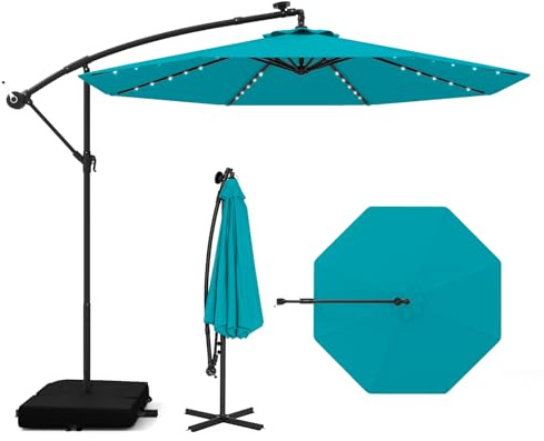 COSTWAY 300 cm Sonnenschirm mit Ständer und LED-Beleuchtung | Ampelschirm mit Kurbel, Gartenschirm, UV-Schutz, Terrassenschirm, Marktschirm für Garten, Terrasse, Türkis