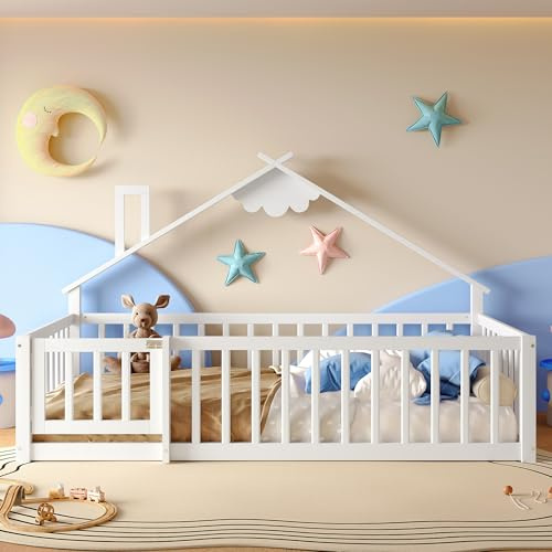 Hausbett Bodenbett 90x190 cm, Kinderbett mit Rausfallschutz inkl. Lattenrost und Tür, Montessori Bett Gitterbett Kinder Jugendbett Einzelbett für Mädchen und Jungen, Kiefernholz, Ohne Matratze, Weiß
