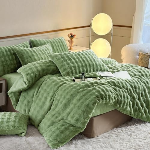 YASMENG Plüsch Bettwäsche 135x200 Winter Warm Grün Langhaar Bettwäsche Winter Super Weich Flauschig Kaninchenfellimitat Bettbezug Set 2 Teilig für Kinder mit Reißverschluss und 80x80 cm Kissenbezug