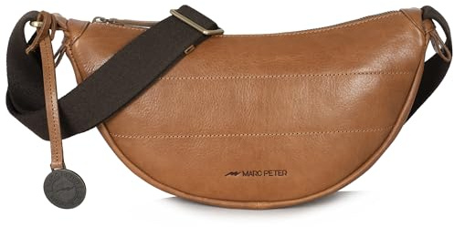 Marc Peter® Crossbody Puffer Moon Bag | Halbmond Handtasche aus Leder | Stylische Umhängetasche mit verstellbarem Gurt | Schultertaschen für Damen Braun Nappa
