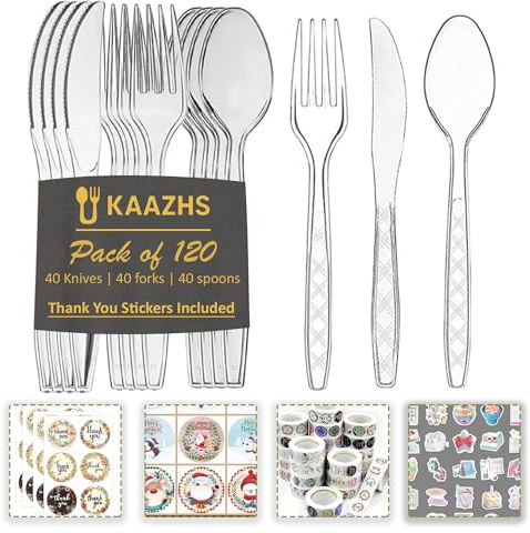Reusable Plastic Cutlery Set with Stickers | Pack of 120 (40 Spoons, 40 Forks & 40 Knives) Durable, Lightweight, Heavy Duty | Cutlery Set with Party Stickers for Everyday Personal Use