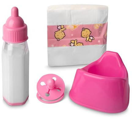4pc Baby Doll Accessories Set – Dummy, Potty, Nappy & Feeding Bottle | Pretend Play Essentials for Dolls | Role Play Toy Set for Toddlers & Children | Nursery Training Toy Set | Doll Care Accessories