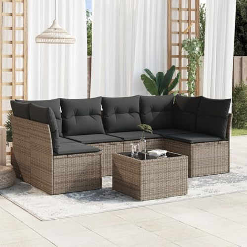 QJBSAVVA 7-TLG. Gartenmöbel-Set Grau 62 x 62 x 69 cm Poly-Rattan Ecksofa Mittelsofa Glastisch mit dicken Kissen modulare Loungegarnitur robust für Balkon Terrasse und Garten