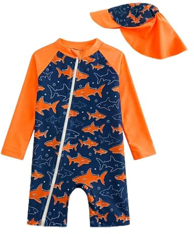 JiAmy Badeanzug Kleinkinder Baby Jungen UV Kleidung Kinder Schutz Einteiliger Schwimmanzug Bademode Badebekleidung Schutzkleidung mit Sonnenhut Oranger Wal 2-3 Jahre