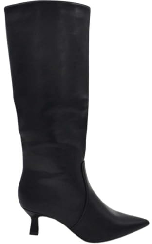 Stivali Slouchy in Pelle Nero a Punta con Tacco Kitten 3 cm Stiletto Gambale Stretto (36 EU)