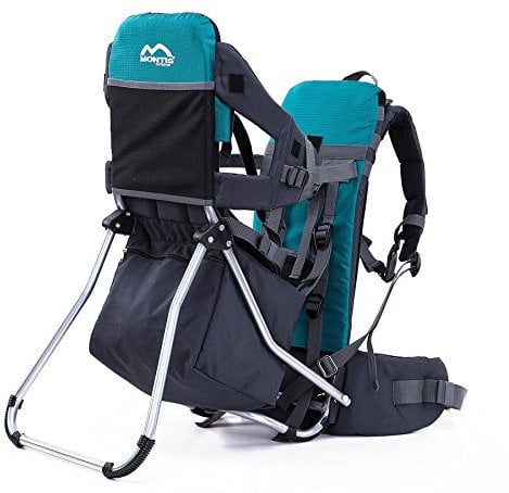 Montis Runner One Kindertragerucksack bis 25kg Gewicht - die Einstiegs Kraxe/Kindertrage für beide Elternteile - erweiterbar durch Regenschutz, Fußrasten & Wickelmatte, TÜRKIS