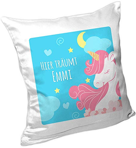 Einhorn-Kissen mit Namen Emmi und Text - Hier träumt Emmi - für Mädchen | Namenskissen personalisiert | Kuschelkissen | Gute-Nacht-Kissen