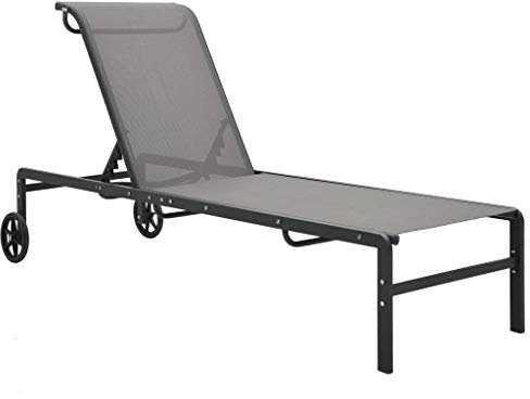 Festnight Sonnenliege mit 2 Rädern Gartenliege Relaxliege Gartenmöbel Liege Liegestuhl Strandliege Freizeitliege Rollliege Stahl und Textilene 200 x 58 x 32 cm Grau