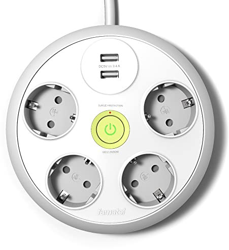 FAMATEL – Regleta Redonda de 4 enchufes + 2 Tomas USB + Interruptor | Cable de 3m | con TT | 16A | 250V | Blanco | Enchufe USB de Carga rápida | Protección Sobretensiones