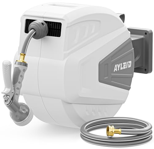 Ayleid Retractable Garden Hose Reel,1/2 in x 100 ft Wall Mounted Hose Reel, with 9- Function Sprayer Nozzle, Any Length Lock/Slow Return System/Wall Mounted/180°Swivel Bracket (Grey)
