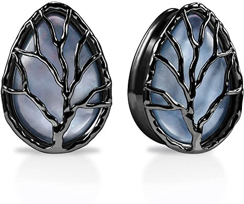 KOOBODY 2 STÜCKE Teardrop Pearl Shell Ear Gauges Saddle Tunnels Double Flared Plugs Life Tree Elegante Edelstahl Expander Stretcher Ohrringe für Frauen Gauge 0g-1