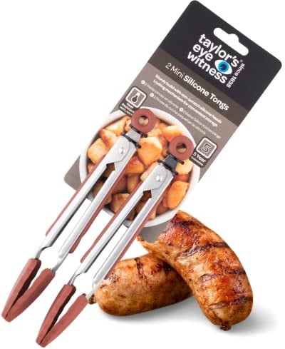 Taylors Eye Witness 2 Small Steel Baked Clay Silicone Tongs - Dishwasher Safe. Sturdy Build, Non-Scratch Heads, Convenient Lock Mechanism. Odour, Stain & Heat Resistant (260°C/500°F). 5 Year Guarantee