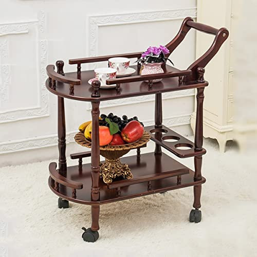 LEIYTFE Retro-Getränkewagen Aus Holz Im Europäischen Stil Restaurant-Servierwagen Mit Leisem Bremsrad, Rollender Aufbewahrungswagen 2-stöckige Regale, Platzsparend (Size : Wine red)