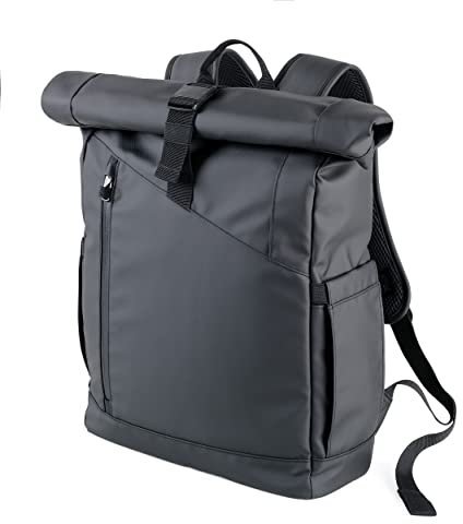 TROIKA Black Roll Top - BBL51/BK - Roll Top Rucksack mit magnetischem Sicherungsverschluss aus Metall – wasserabweisende Reißverschlüsse außen – Tarpaulin – schwarz