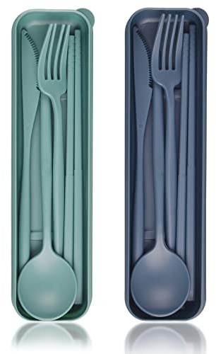 Travel Cutlery Set with Case, 2 Sets Plastic Knife Fork Spoon Set, Reusable Camping Portable Cutlery Set for Daily Use or Travel Picnic Camping Work School (Dark Blue + Dark Green)