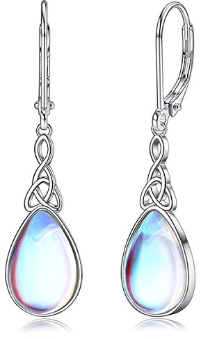 MILACOLATO 925 Silber Ohrringe Für Damen Mädchen, Regenbogen Mondstein Hängend Leverback Creolen Ohrringe, Keltisches Dreieck Tropfen Mondstein Ohrringe Hypoallergener Schmuck SB