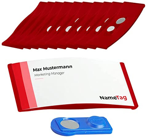 Ironix Namensschilder mit Doppelmagnet, Namensetiketten für Kleidung 75x32mm, Namensschilder Magnet für Messen, Konferenzen oder Präsentationen, Magnetschilder zum Beschriften (10 Stück, Rot)