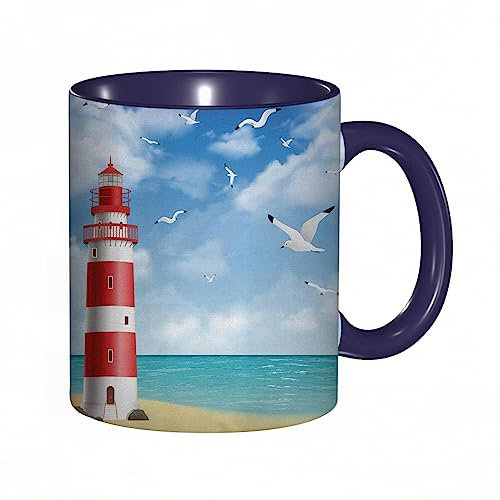 Tasse Keramik Realistische Illustration Leuchtturm an ruhiger Küste Fliegende Möwen Meereslandschaf Kaffeetassen Große 330ml Mit Henkel 100% Handbemalt Trinkgläser Mit Griff Personalisierte Geschenk